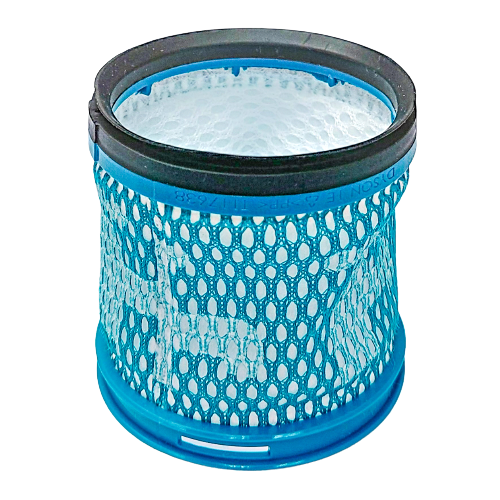 A highly complex double overmolded vacuum filter with fabric substrate.